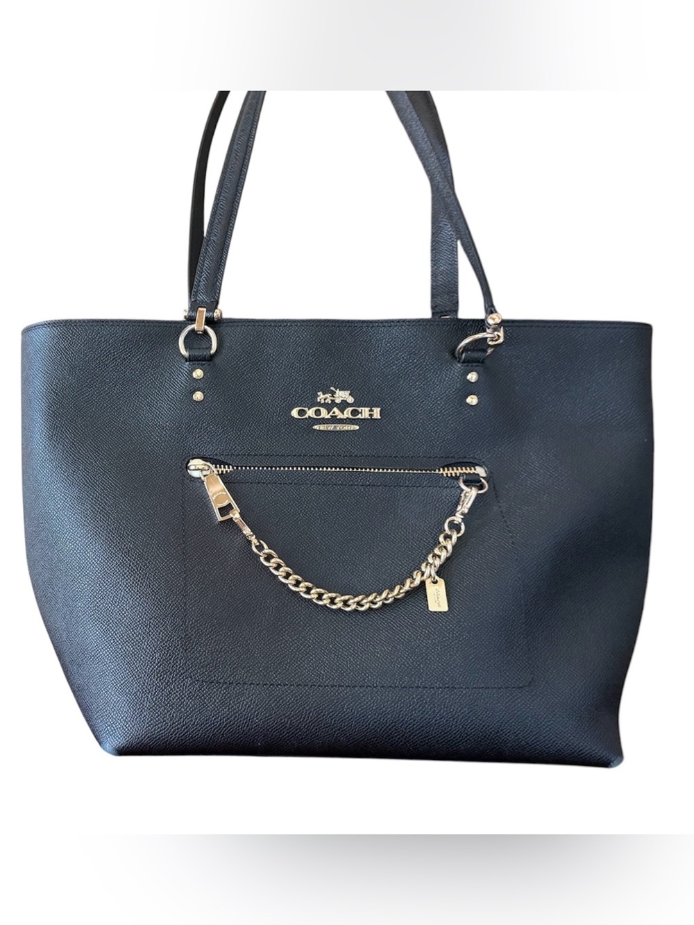 Coach Pebbled Leather Tote with Gold-Tone Chain & Outside Pocket